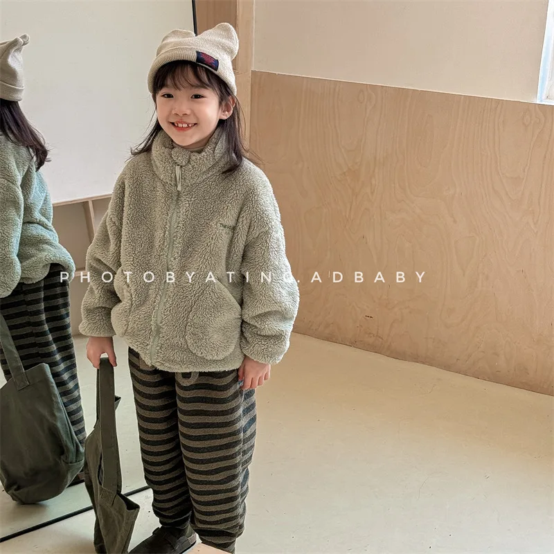 2025 Winter New Children Long Sleeve Warm Plush Coat Plus Velvet Thick Girls Zipper Jacket Baby Solid Fleece Coat Kids Clothes