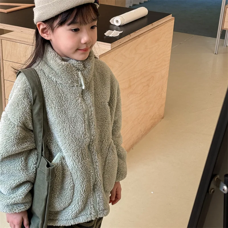 2025 Winter New Children Long Sleeve Warm Plush Coat Plus Velvet Thick Girls Zipper Jacket Baby Solid Fleece Coat Kids Clothes