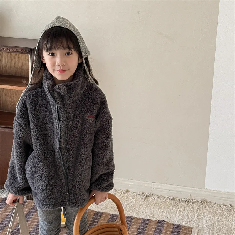 2025 Winter New Children Long Sleeve Warm Plush Coat Plus Velvet Thick Girls Zipper Jacket Baby Solid Fleece Coat Kids Clothes