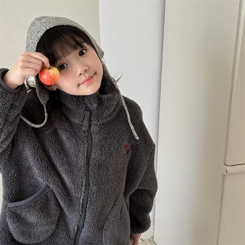 2025 Winter New Children Long Sleeve Warm Plush Coat Plus Velvet Thick Girls Zipper Jacket Baby Solid Fleece Coat Kids Clothes