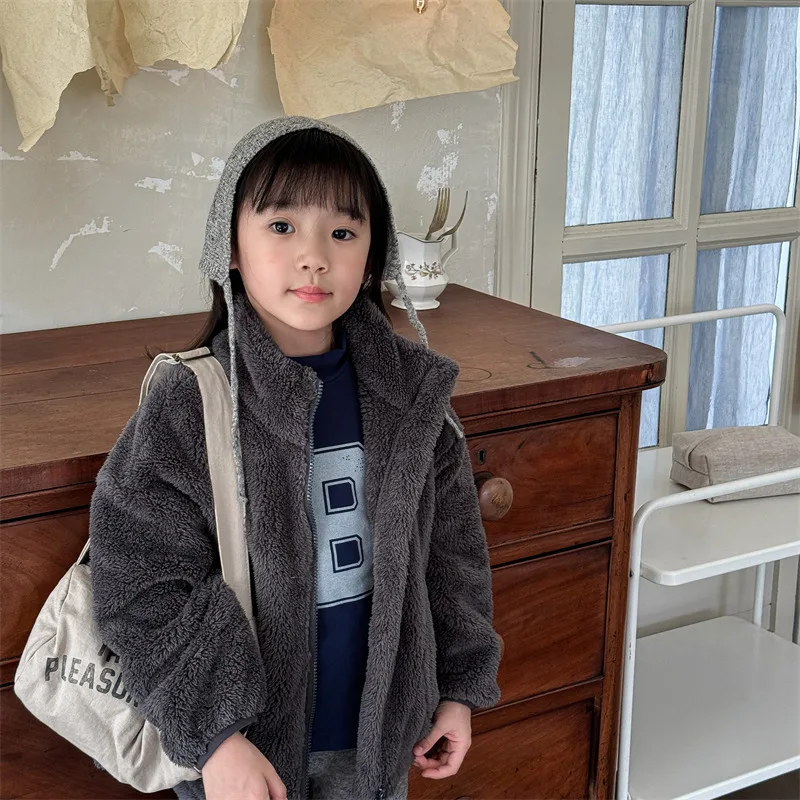 2025 Winter New Children Long Sleeve Warm Plush Coat Plus Velvet Thick Girls Zipper Jacket Baby Solid Fleece Coat Kids Clothes