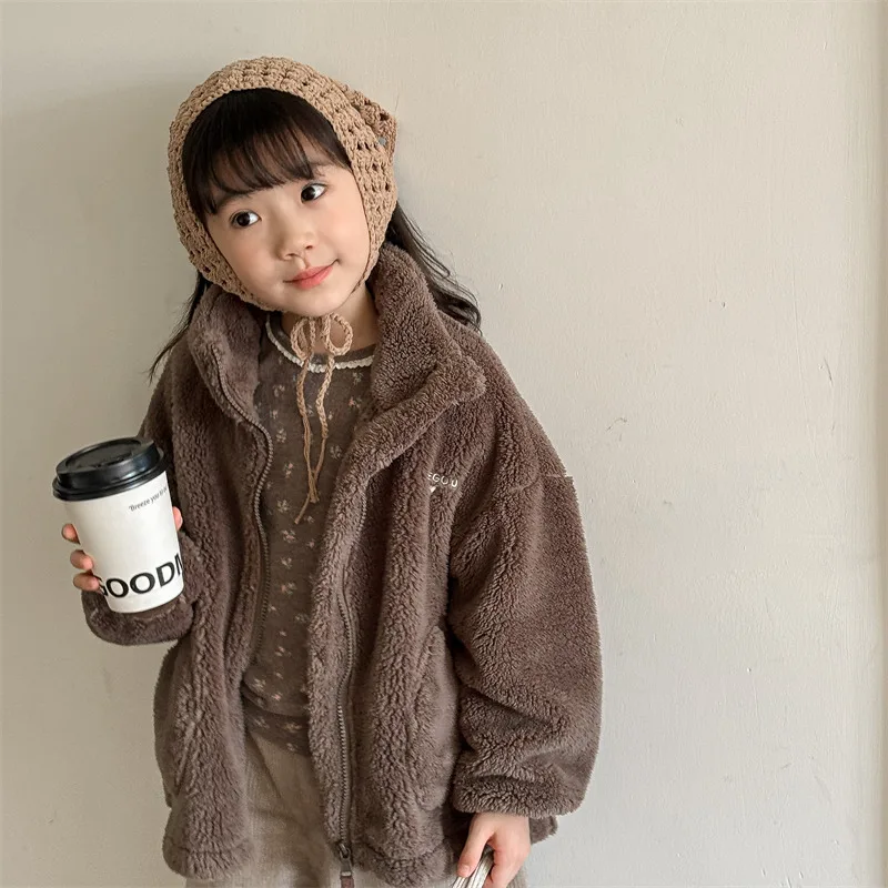 2025 Winter New Children Long Sleeve Warm Plush Coat Plus Velvet Thick Girls Zipper Jacket Baby Solid Fleece Coat Kids Clothes