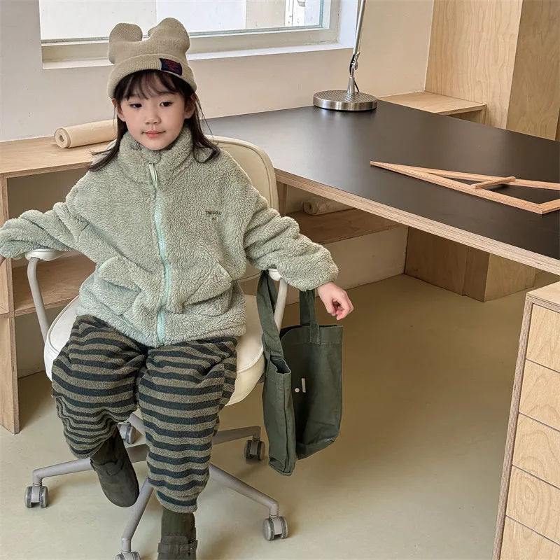 2025 Winter New Children Long Sleeve Warm Plush Coat Plus Velvet Thick Girls Zipper Jacket Baby Solid Fleece Coat Kids Clothes