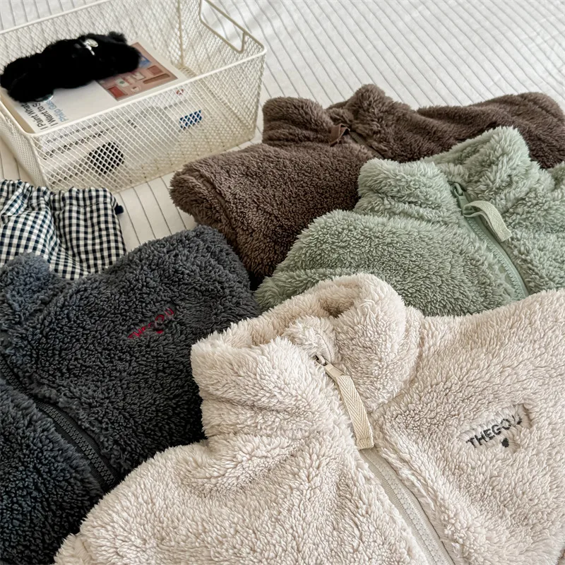2025 Winter New Children Long Sleeve Warm Plush Coat Plus Velvet Thick Girls Zipper Jacket Baby Solid Fleece Coat Kids Clothes