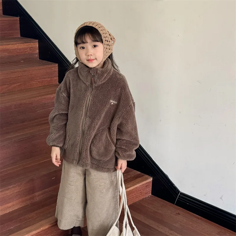 2025 Winter New Children Long Sleeve Warm Plush Coat Plus Velvet Thick Girls Zipper Jacket Baby Solid Fleece Coat Kids Clothes