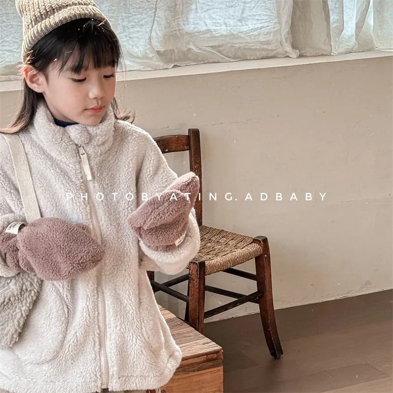 2025 Winter New Children Long Sleeve Warm Plush Coat Plus Velvet Thick Girls Zipper Jacket Baby Solid Fleece Coat Kids Clothes