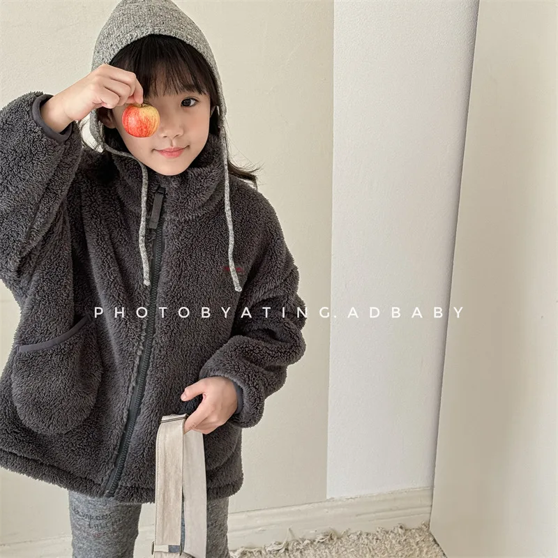 2025 Winter New Children Long Sleeve Warm Plush Coat Plus Velvet Thick Girls Zipper Jacket Baby Solid Fleece Coat Kids Clothes