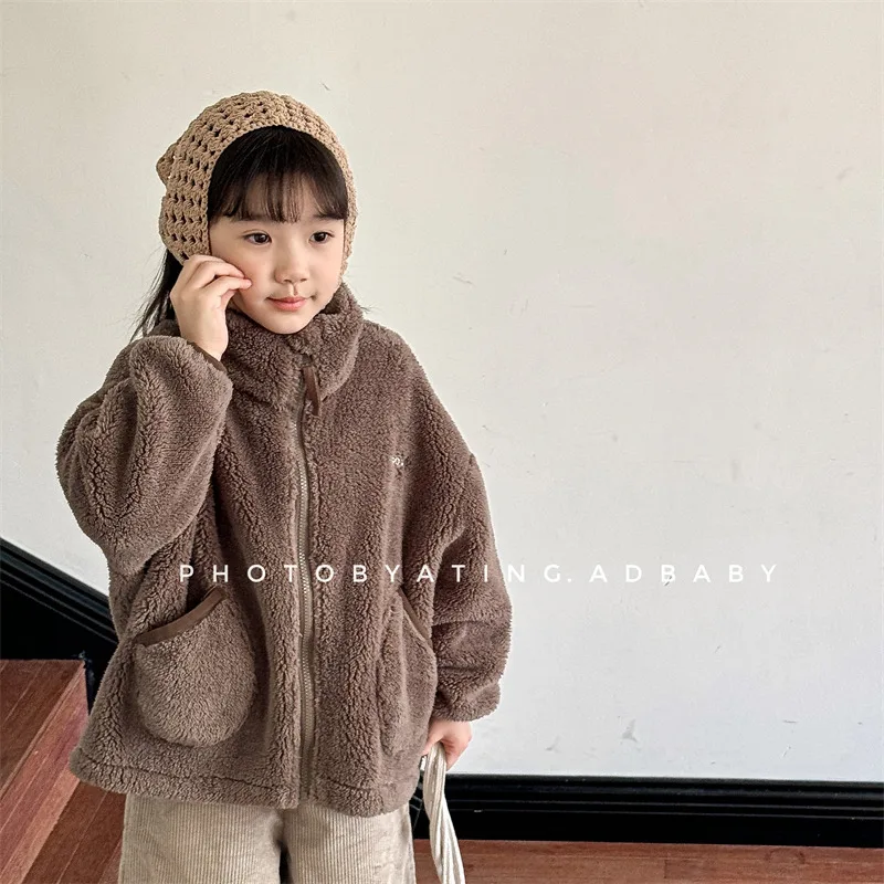 2025 Winter New Children Long Sleeve Warm Plush Coat Plus Velvet Thick Girls Zipper Jacket Baby Solid Fleece Coat Kids Clothes
