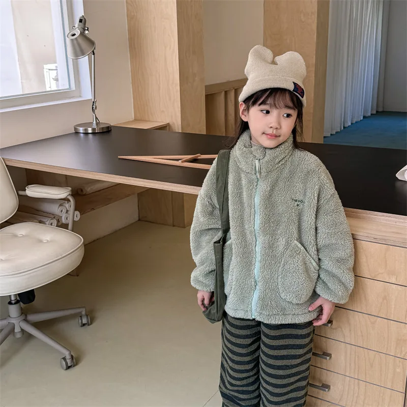 2025 Winter New Children Long Sleeve Warm Plush Coat Plus Velvet Thick Girls Zipper Jacket Baby Solid Fleece Coat Kids Clothes
