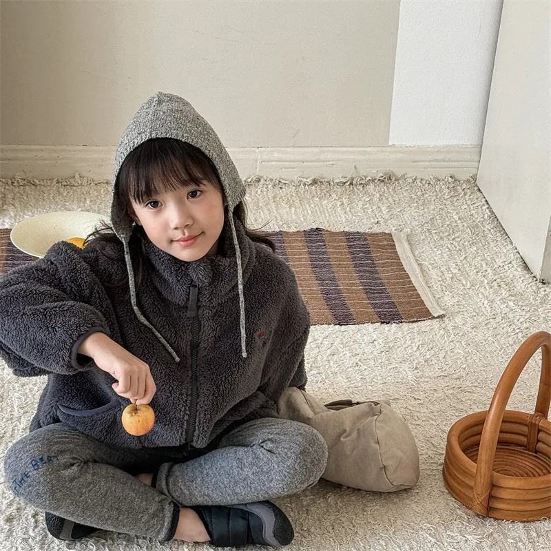 2025 Winter New Children Long Sleeve Warm Plush Coat Plus Velvet Thick Girls Zipper Jacket Baby Solid Fleece Coat Kids Clothes