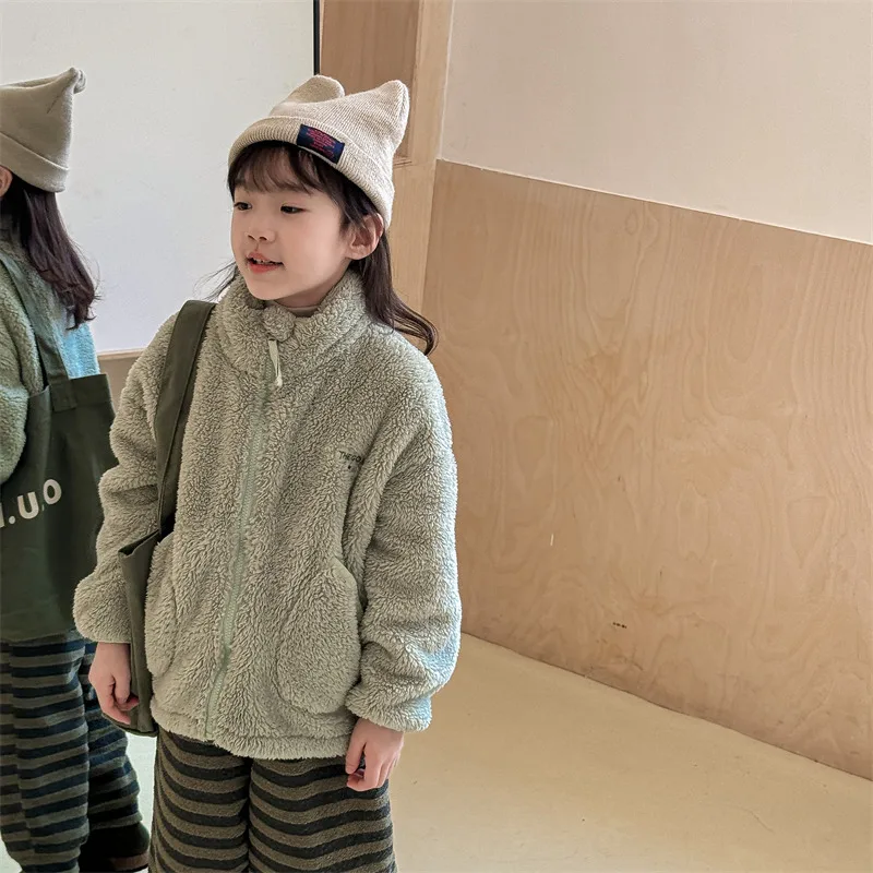 2025 Winter New Children Long Sleeve Warm Plush Coat Plus Velvet Thick Girls Zipper Jacket Baby Solid Fleece Coat Kids Clothes