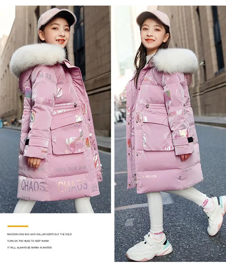 5 to14 Years Girls Down Jacket Winter Keep Warm Long Style Parka Hooded Zipper Fur Collar Girls Outerwear Christmas Kids Clothes
