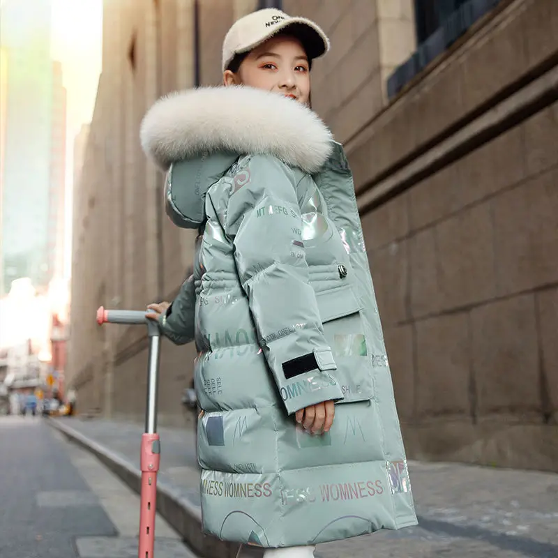 5 to14 Years Girls Down Jacket Winter Keep Warm Long Style Parka Hooded Zipper Fur Collar Girls Outerwear Christmas Kids Clothes