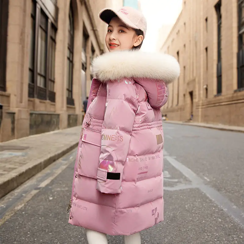 5 to14 Years Girls Down Jacket Winter Keep Warm Long Style Parka Hooded Zipper Fur Collar Girls Outerwear Christmas Kids Clothes