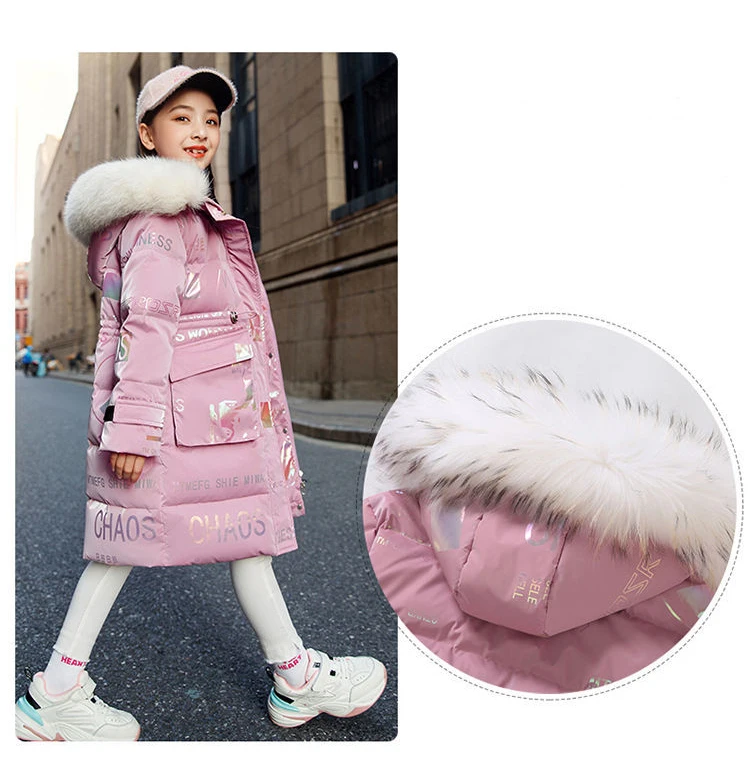 5 to14 Years Girls Down Jacket Winter Keep Warm Long Style Parka Hooded Zipper Fur Collar Girls Outerwear Christmas Kids Clothes