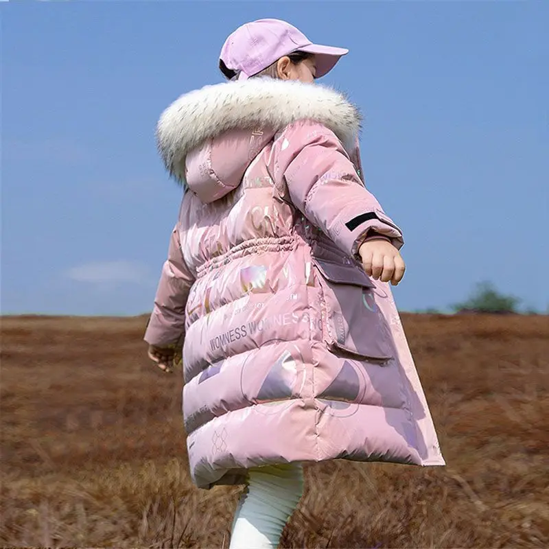 5 to14 Years Girls Down Jacket Winter Keep Warm Long Style Parka Hooded Zipper Fur Collar Girls Outerwear Christmas Kids Clothes