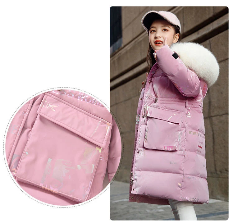 5 to14 Years Girls Down Jacket Winter Keep Warm Long Style Parka Hooded Zipper Fur Collar Girls Outerwear Christmas Kids Clothes