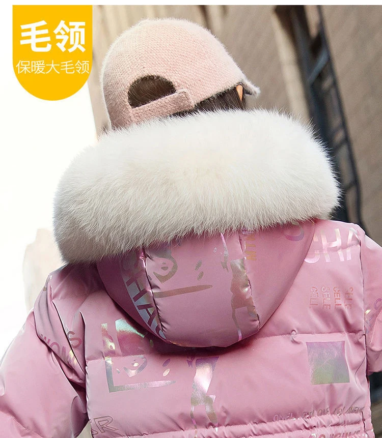 5 to14 Years Girls Down Jacket Winter Keep Warm Long Style Parka Hooded Zipper Fur Collar Girls Outerwear Christmas Kids Clothes
