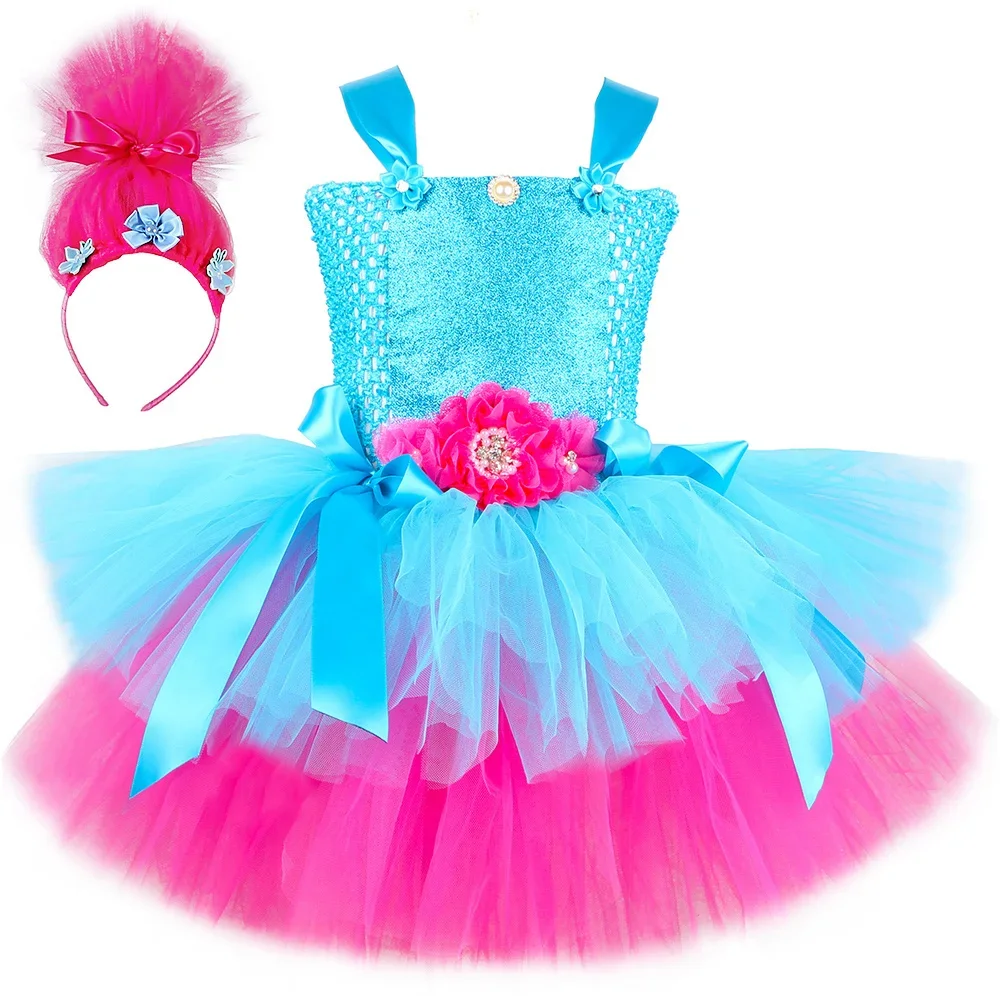 Poppy Trolls Tutu Dress Costume for Girls Birthday Party Princess Dress Up Clothes Toddler Kids Halloween Carnival Costumes