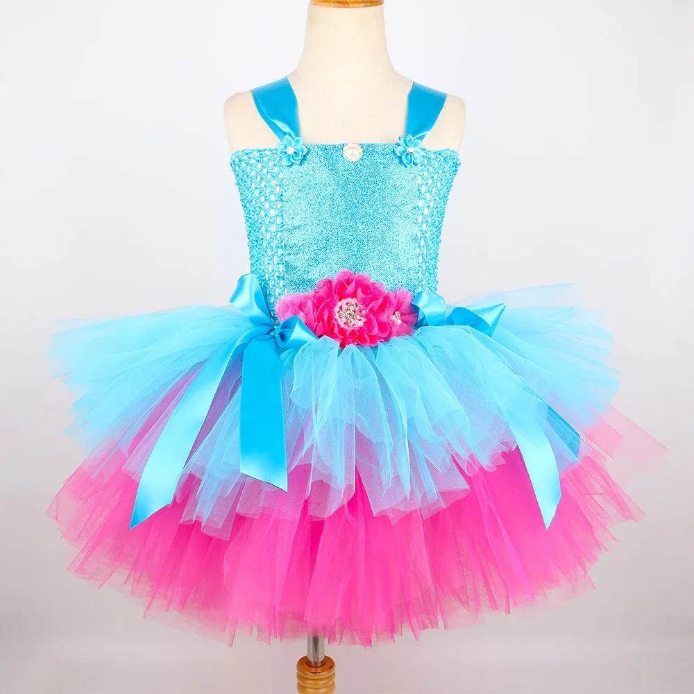 Poppy Trolls Tutu Dress Costume for Girls Birthday Party Princess Dress Up Clothes Toddler Kids Halloween Carnival Costumes