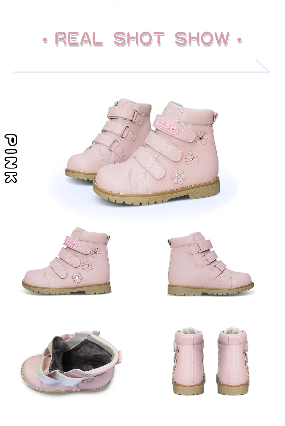 Winter Children Pink Shoes Orthopedic Boots For Kids Casual Luxury Ankle Booties With Rhinestone Flower Leather School Footwear