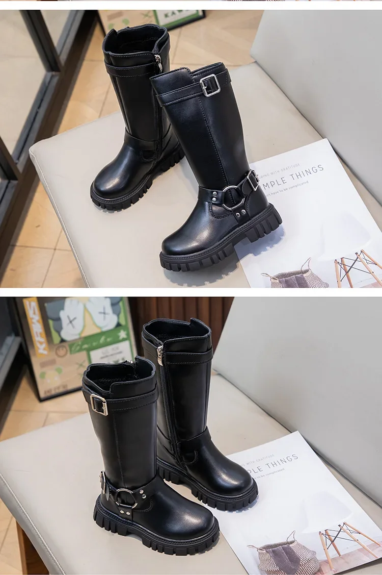 Winter Kids Fashion Boots Black School Girls Catwalk Boots Matte PU Non-slip Children Causal Cotton Boots Long High Versatile