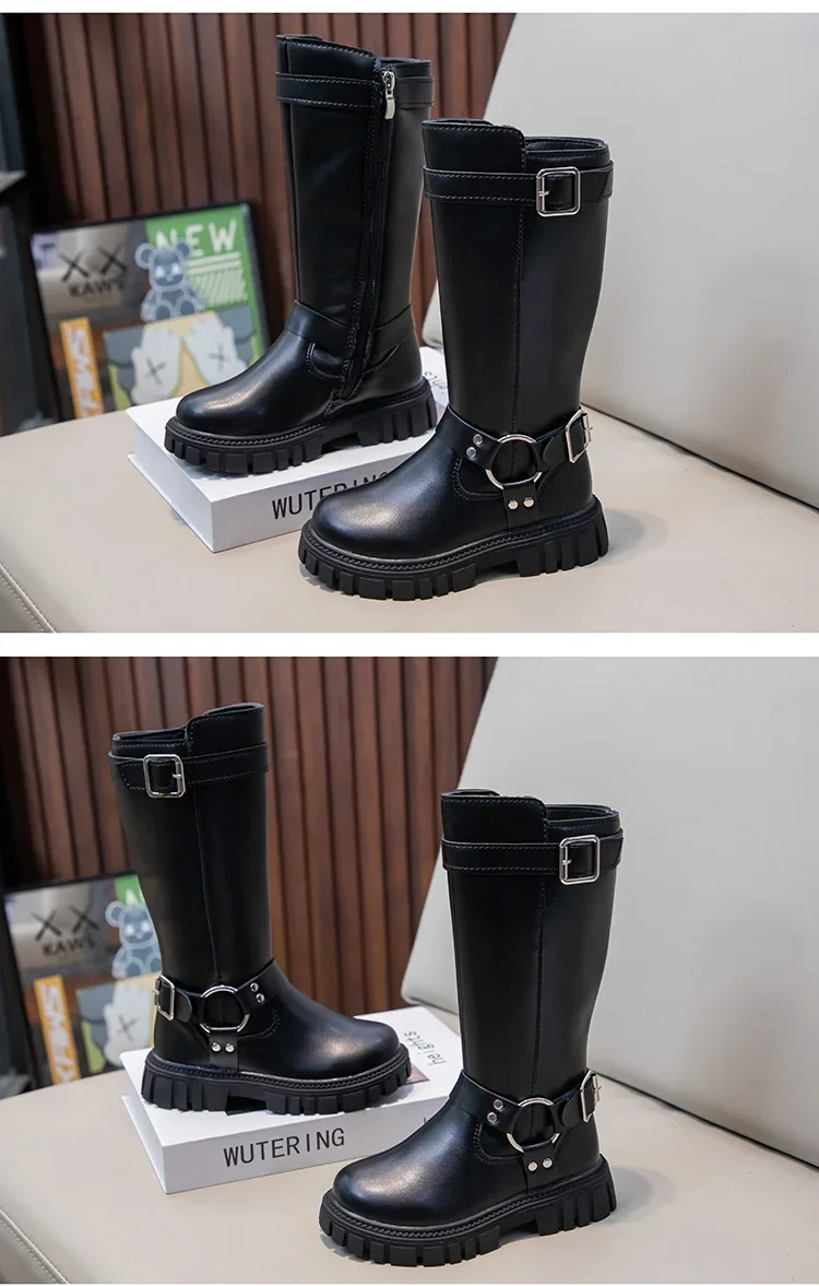 Winter Kids Fashion Boots Black School Girls Catwalk Boots Matte PU Non-slip Children Causal Cotton Boots Long High Versatile