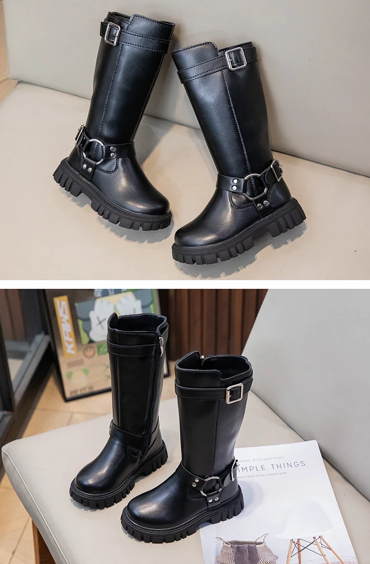 Winter Kids Fashion Boots Black School Girls Catwalk Boots Matte PU Non-slip Children Causal Cotton Boots Long High Versatile