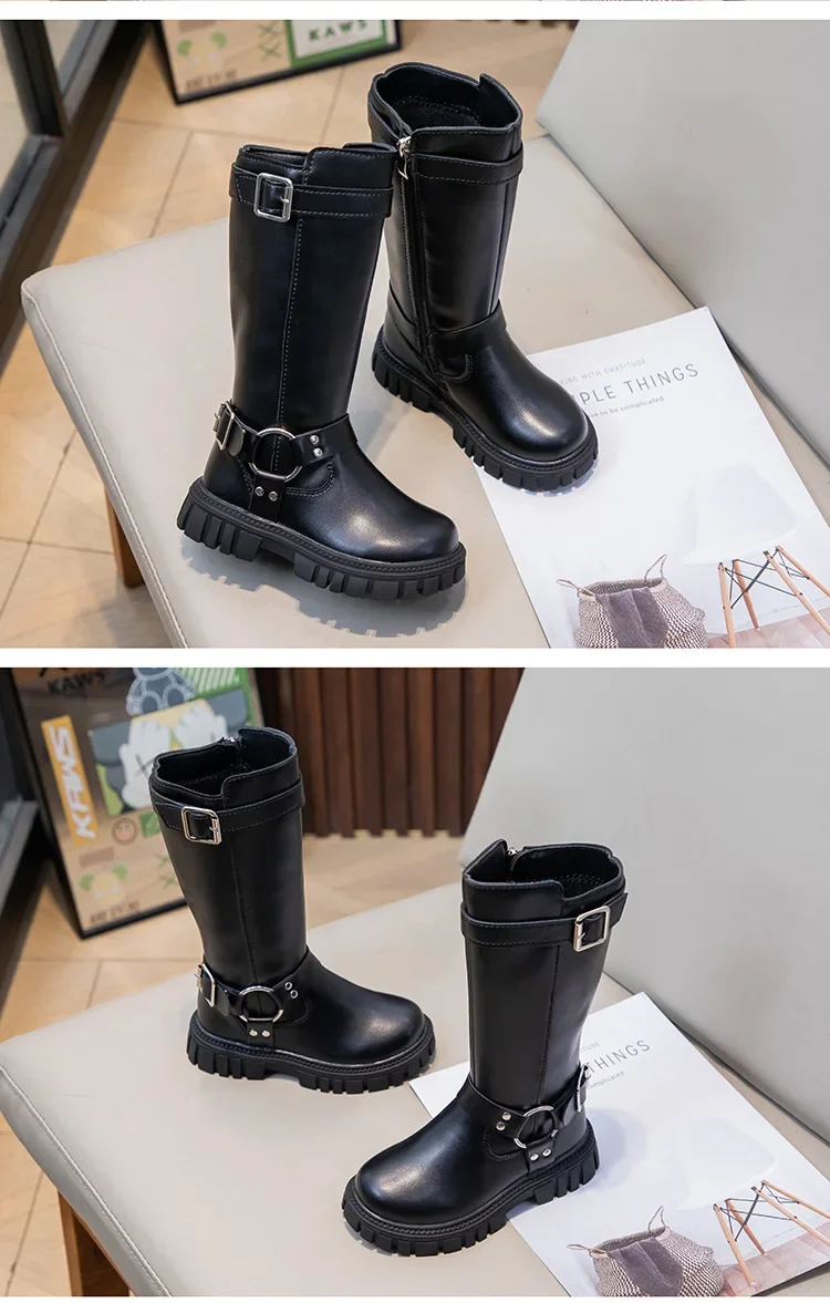 Winter Kids Fashion Boots Black School Girls Catwalk Boots Matte PU Non-slip Children Causal Cotton Boots Long High Versatile