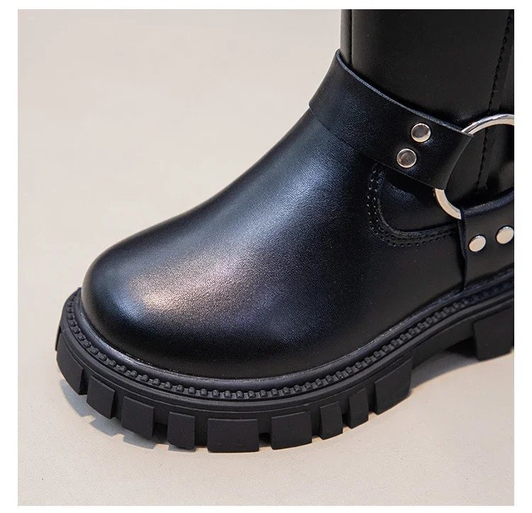 Winter Kids Fashion Boots Black School Girls Catwalk Boots Matte PU Non-slip Children Causal Cotton Boots Long High Versatile