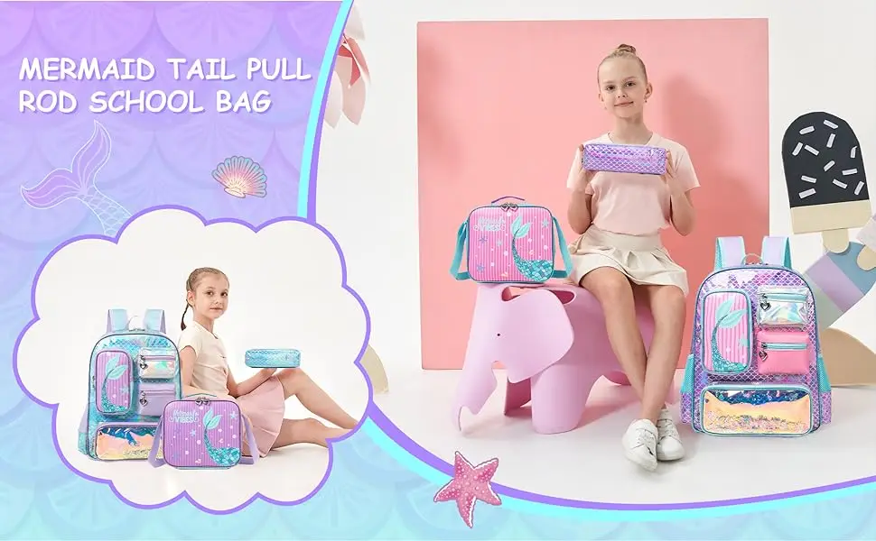 Meetbelify Mermaid Backpack for Girls Bookbag for Girls with Lunchbag and Penbag for Elementary Students