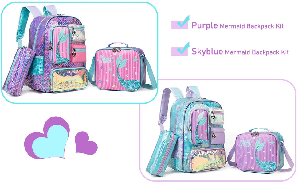 Meetbelify Mermaid Backpack for Girls Bookbag for Girls with Lunchbag and Penbag for Elementary Students