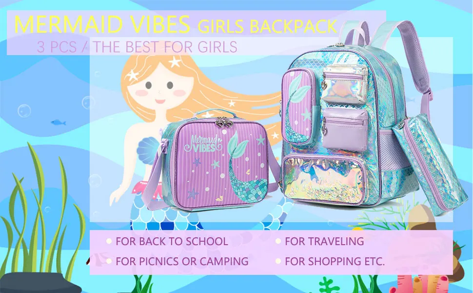 Meetbelify Mermaid Backpack for Girls Bookbag for Girls with Lunchbag and Penbag for Elementary Students