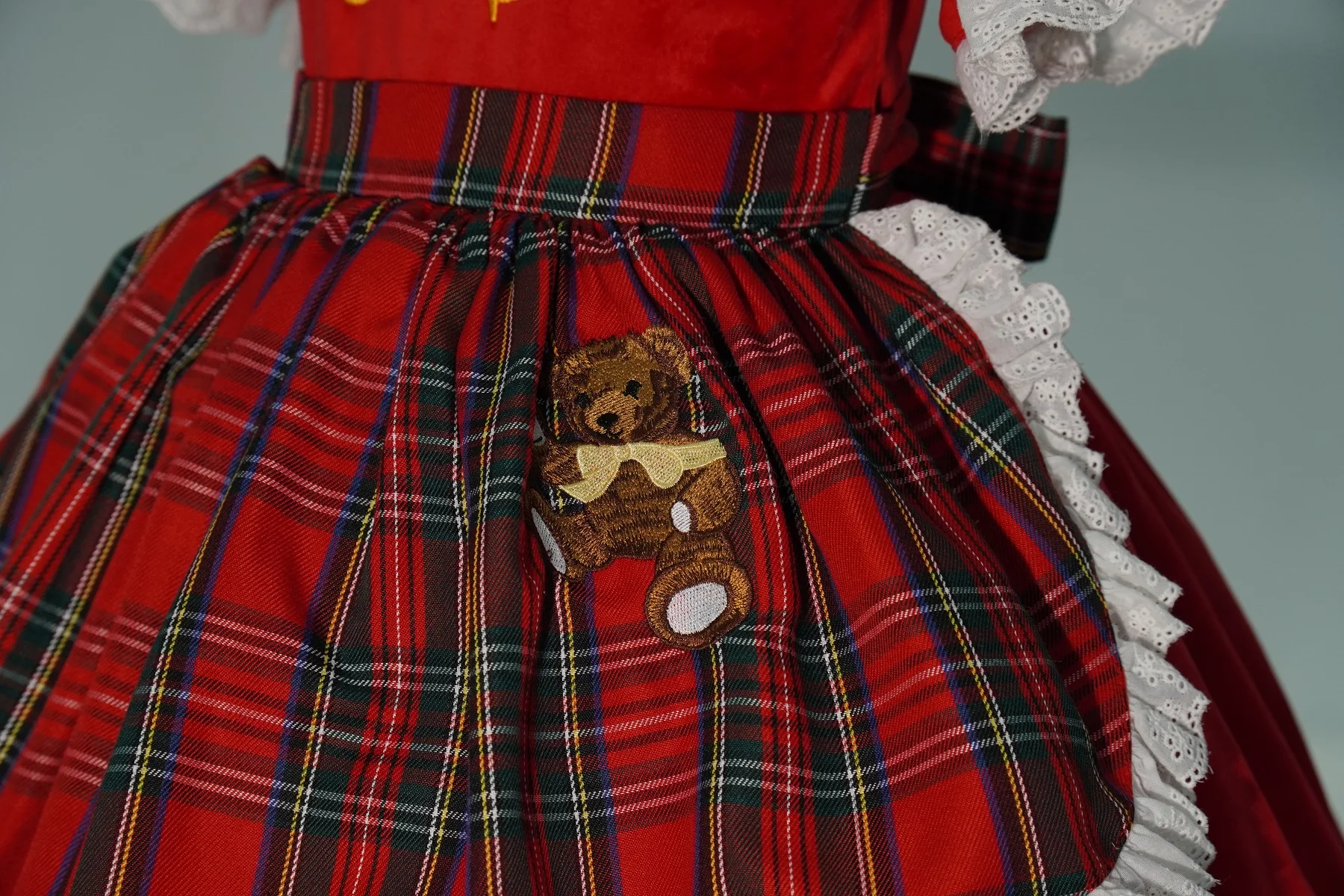 0-12Y Baby Girl Autumn Winter Red Velvet Plaid Bear Embroidery Vintage Spanish Princess Ball Gown Dress for Eid Christmas C62