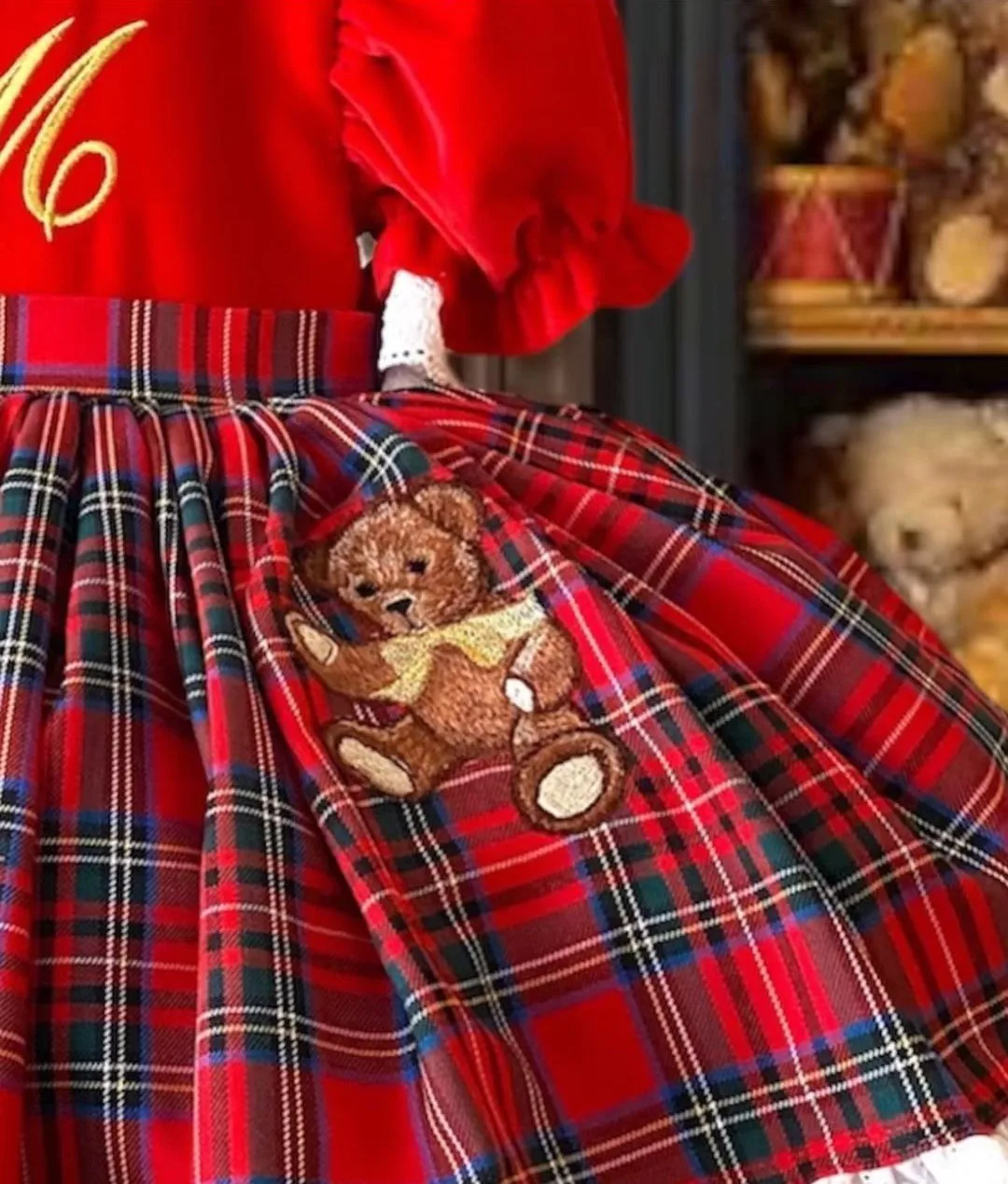 0-12Y Baby Girl Autumn Winter Red Velvet Plaid Bear Embroidery Vintage Spanish Princess Ball Gown Dress for Eid Christmas C62