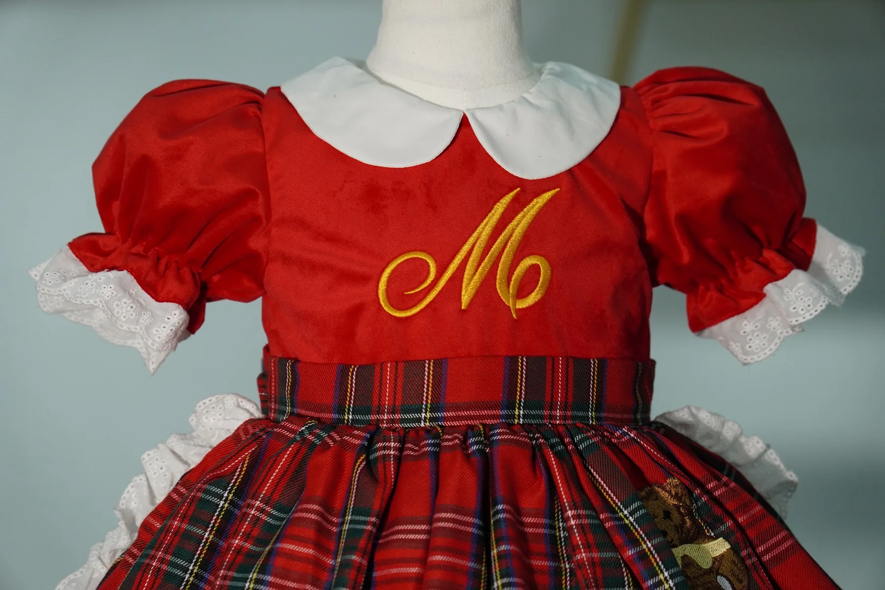 0-12Y Baby Girl Autumn Winter Red Velvet Plaid Bear Embroidery Vintage Spanish Princess Ball Gown Dress for Eid Christmas C62