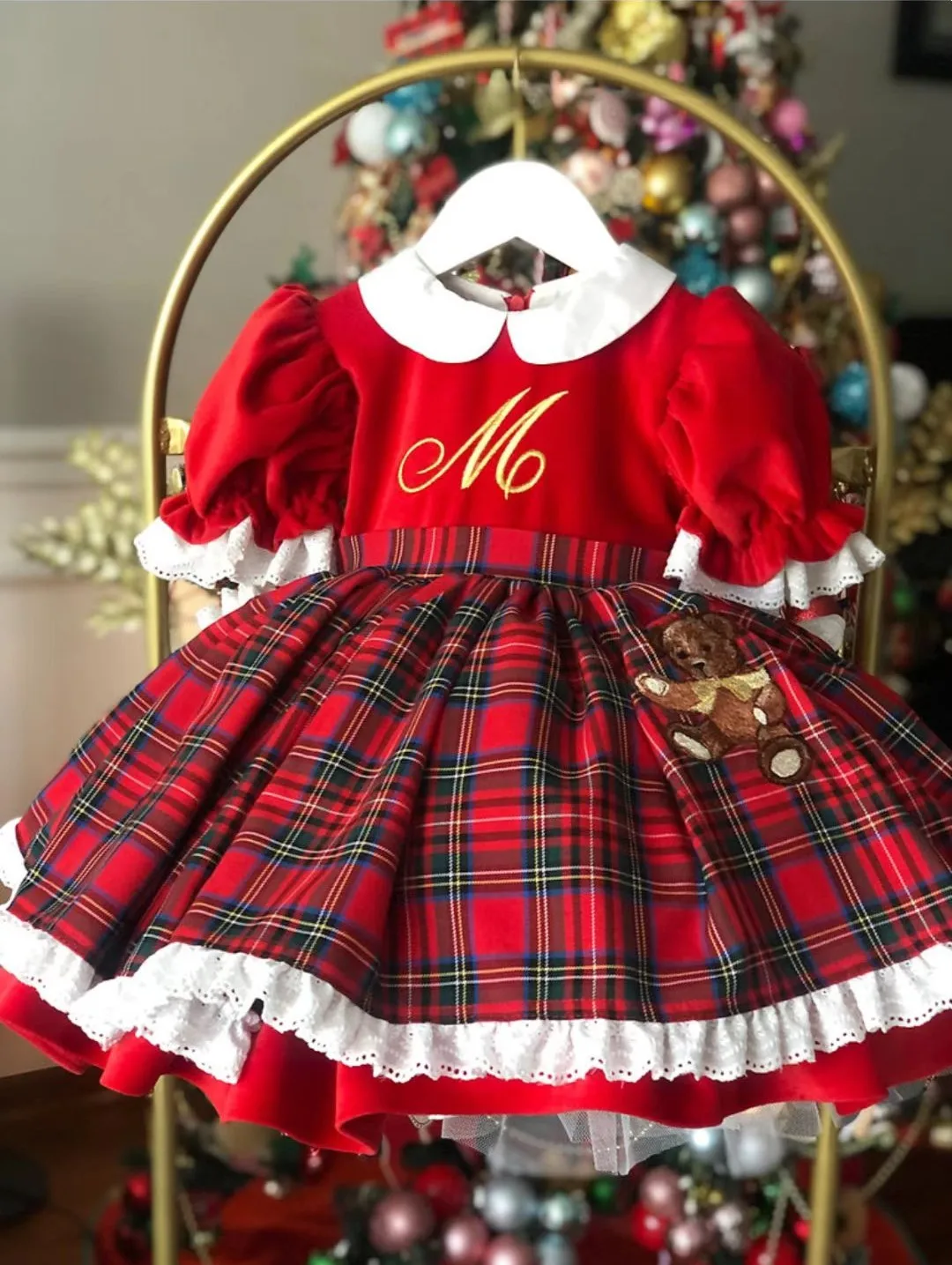 0-12Y Baby Girl Autumn Winter Red Velvet Plaid Bear Embroidery Vintage Spanish Princess Ball Gown Dress for Eid Christmas C62