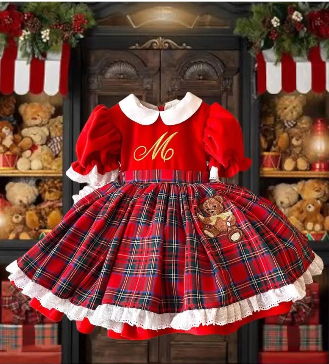 0-12Y Baby Girl Autumn Winter Red Velvet Plaid Bear Embroidery Vintage Spanish Princess Ball Gown Dress for Eid Christmas C62