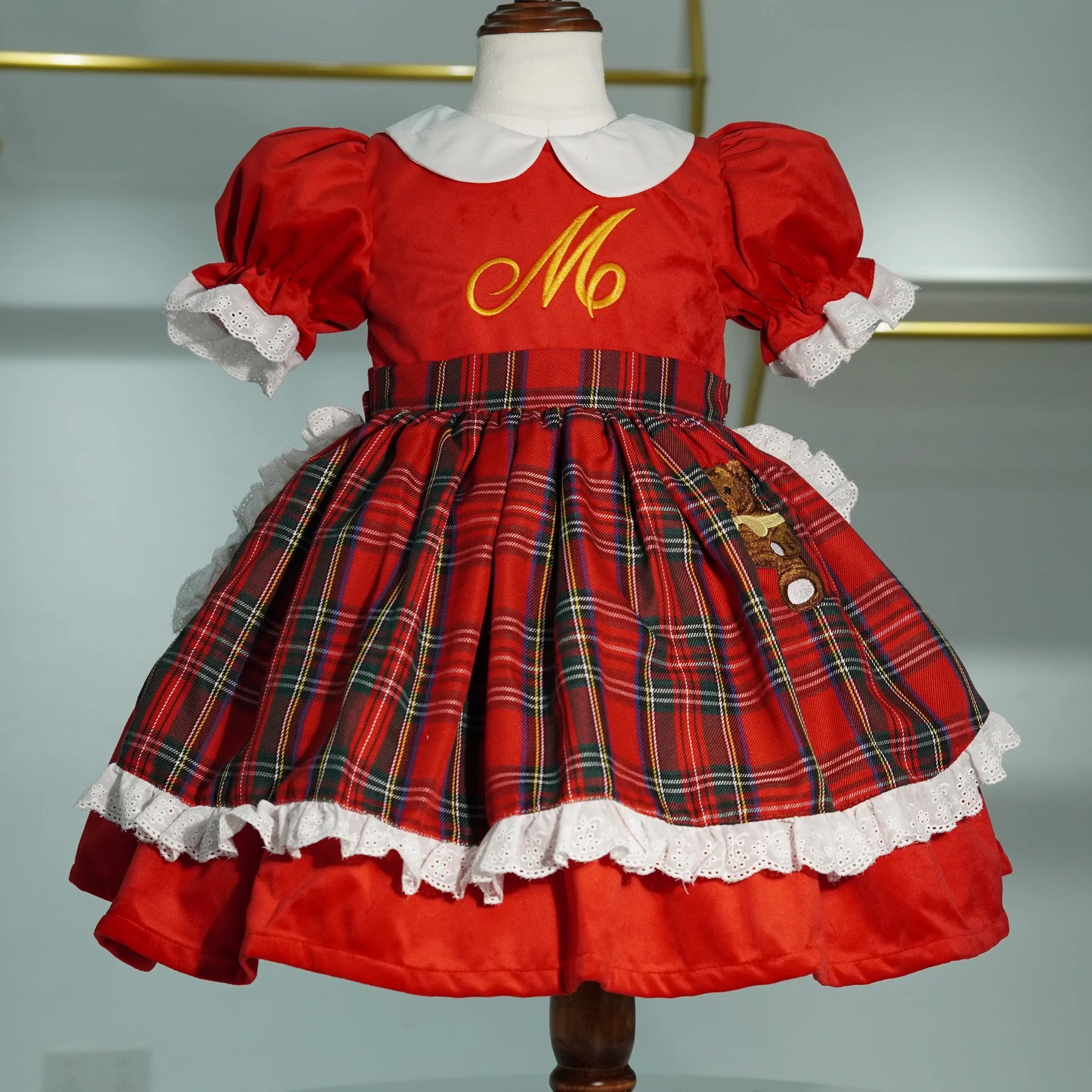 0-12Y Baby Girl Autumn Winter Red Velvet Plaid Bear Embroidery Vintage Spanish Princess Ball Gown Dress for Eid Christmas C62