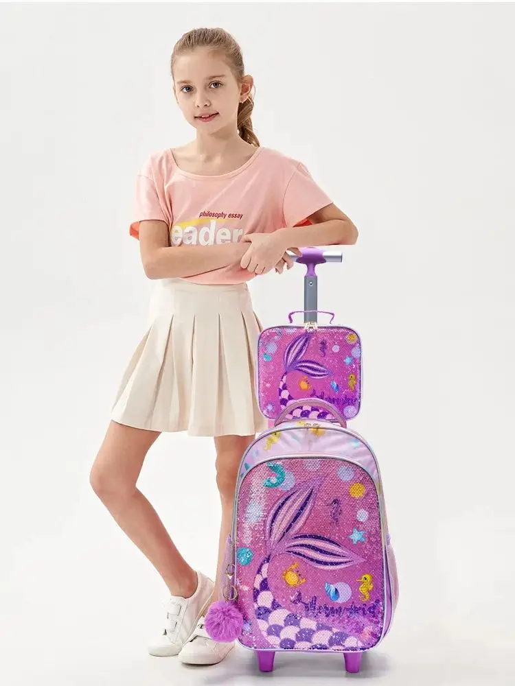 BLING BABIES 3PCS Set Rolling Backpack For Girls, Cute Cartoon Mermaid Sequin Wheeled Bookbag For Elementary Students