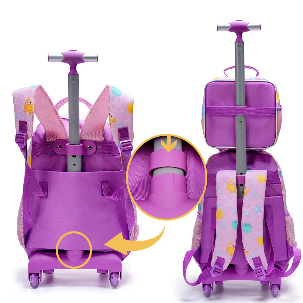 BLING BABIES 3PCS Set Rolling Backpack For Girls, Cute Cartoon Mermaid Sequin Wheeled Bookbag For Elementary Students