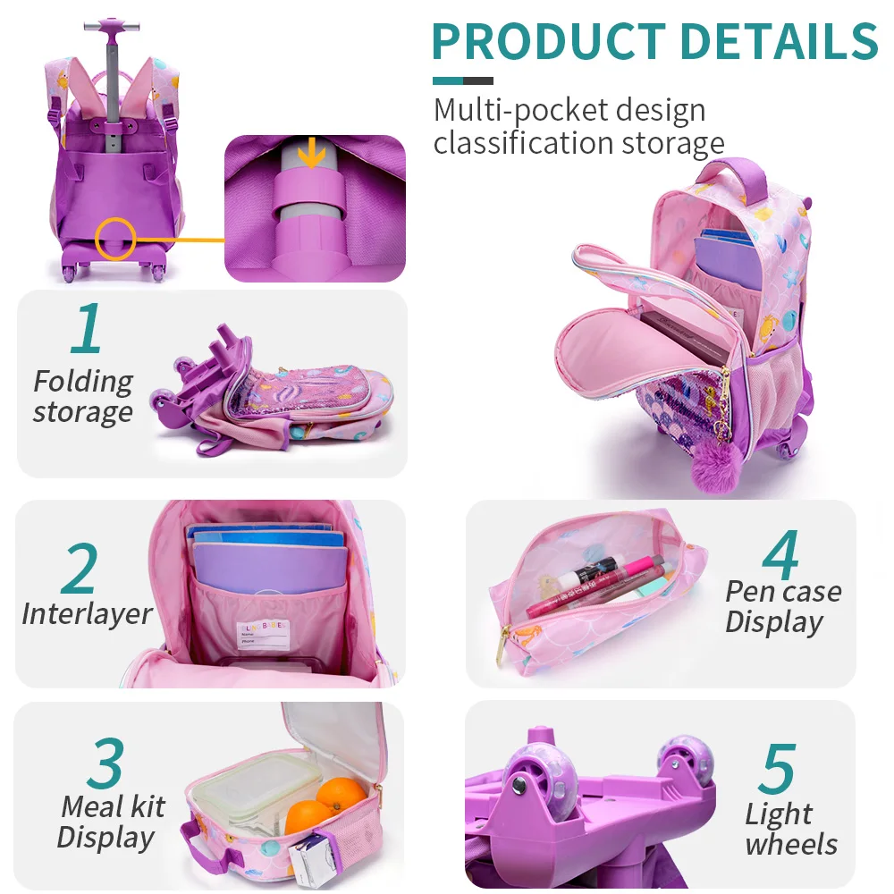 BLING BABIES 3PCS Set Rolling Backpack For Girls, Cute Cartoon Mermaid Sequin Wheeled Bookbag For Elementary Students