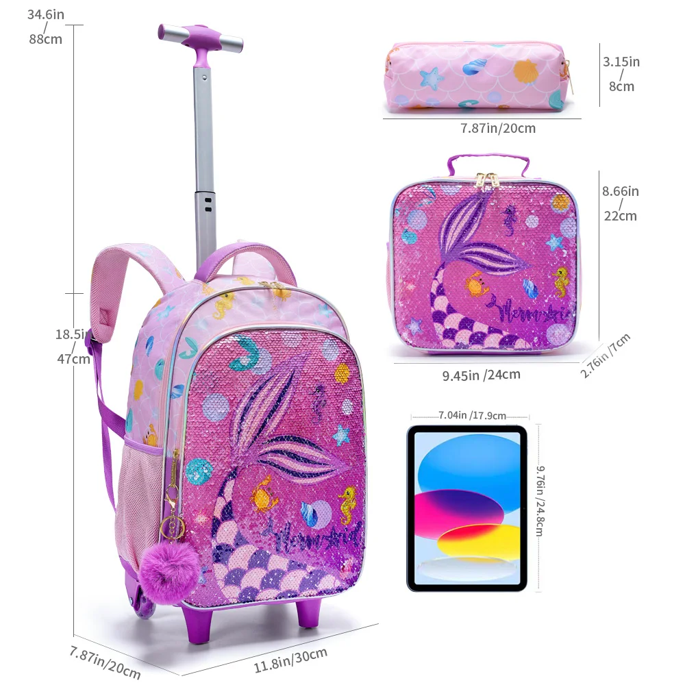 BLING BABIES 3PCS Set Rolling Backpack For Girls, Cute Cartoon Mermaid Sequin Wheeled Bookbag For Elementary Students