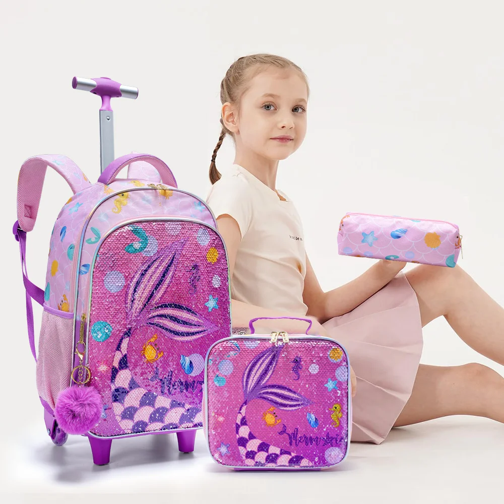 BLING BABIES 3PCS Set Rolling Backpack For Girls, Cute Cartoon Mermaid Sequin Wheeled Bookbag For Elementary Students