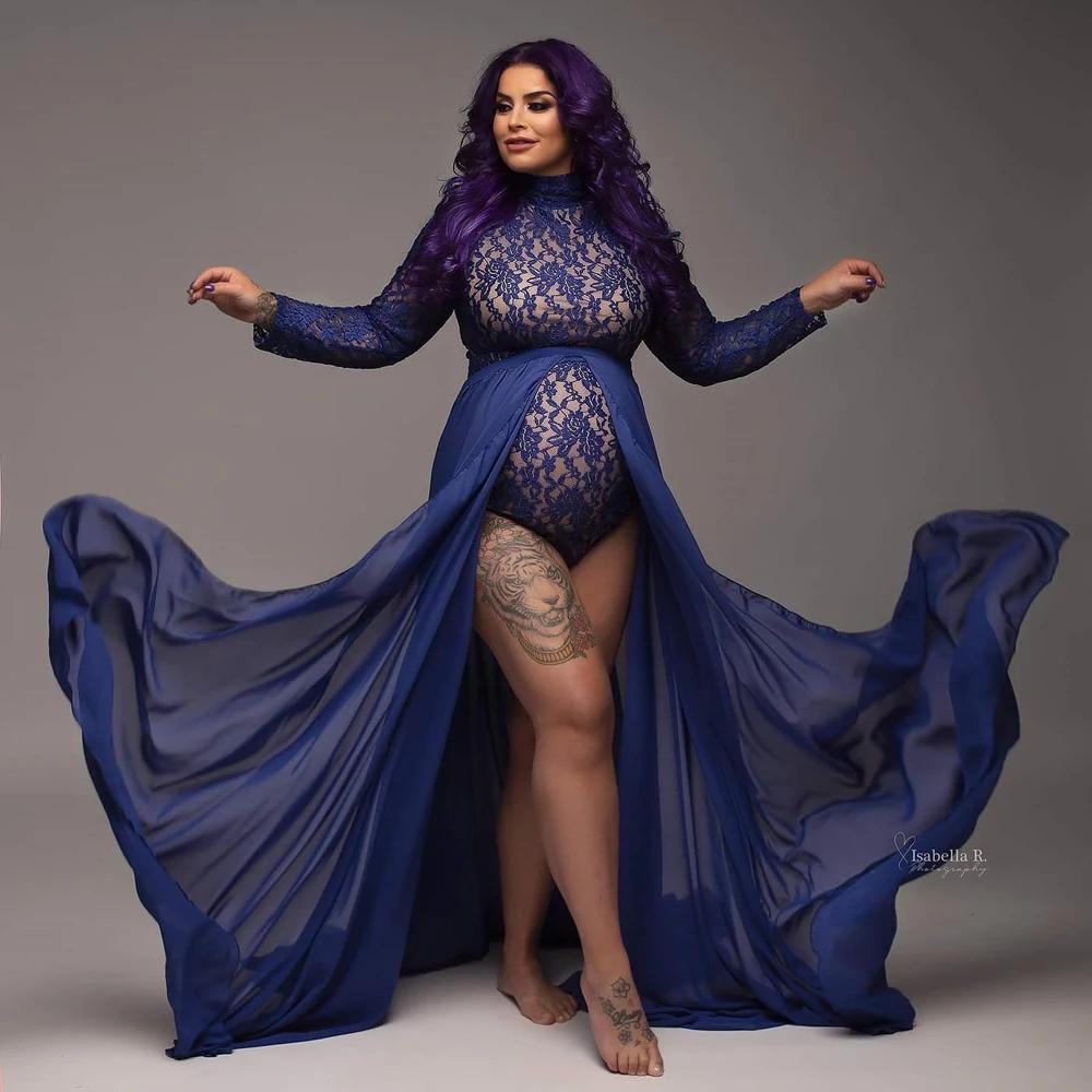 Maternity Photography Props Dress Stretchy Lace Bodysuit Removable Chiffon Sides Slit Skirt For Photo Shoot Pregnant Accessories
