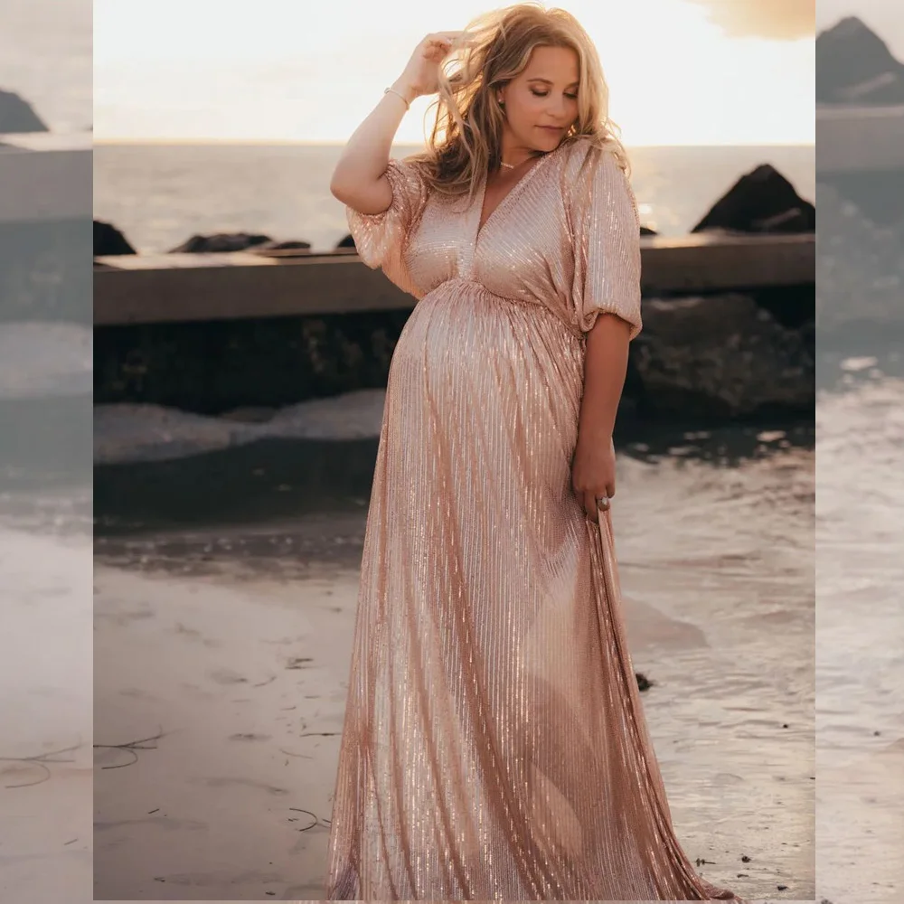 Photoshoot Photography Dress For Women V-neck Champagne Sequin Dress Maternity Photography Props Pregnant Women Party Dress