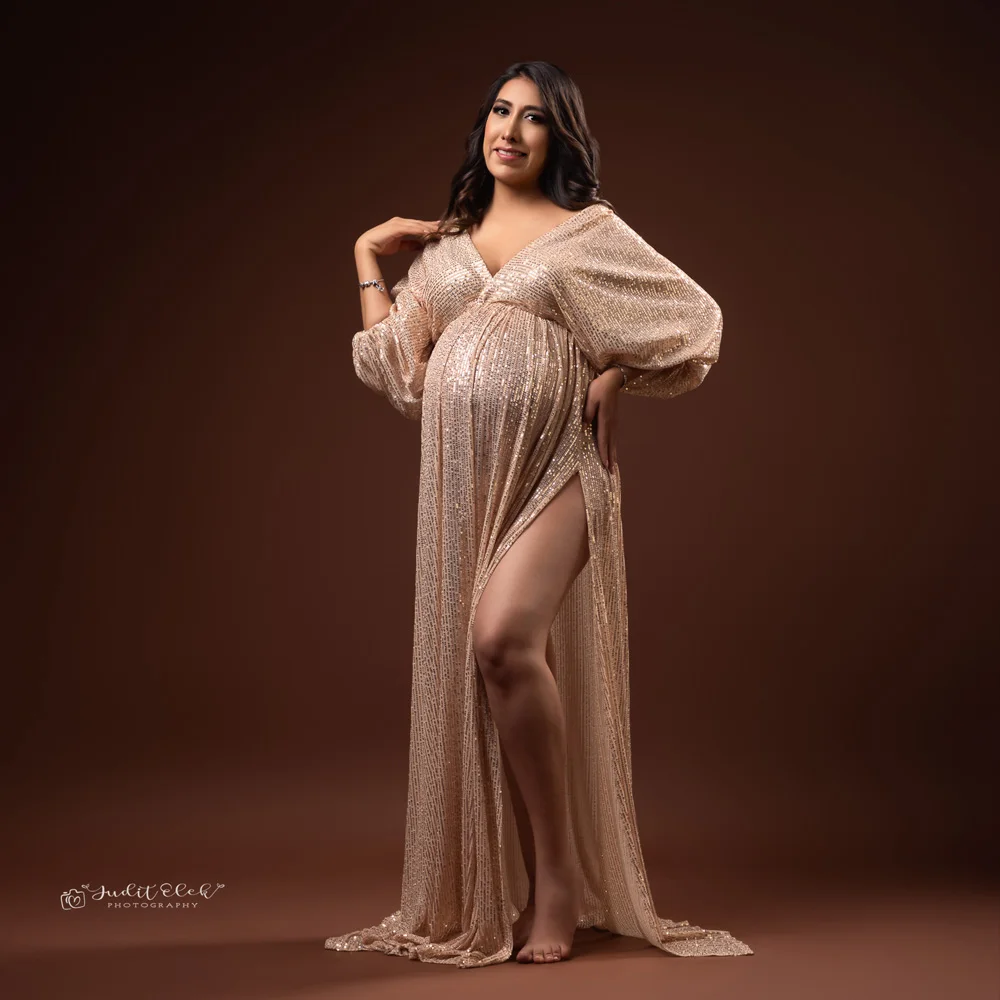 Photoshoot Photography Dress For Women V-neck Champagne Sequin Dress Maternity Photography Props Pregnant Women Party Dress