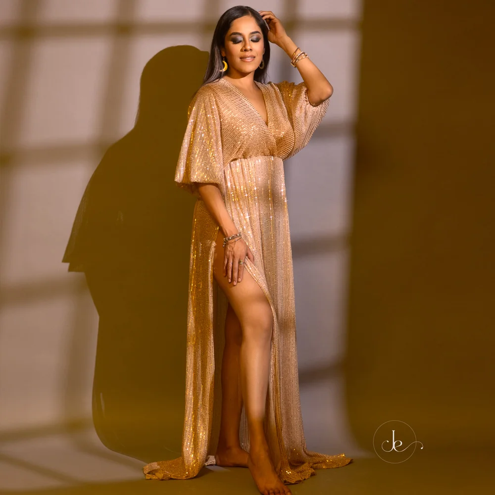 Photoshoot Photography Dress For Women V-neck Champagne Sequin Dress Maternity Photography Props Pregnant Women Party Dress