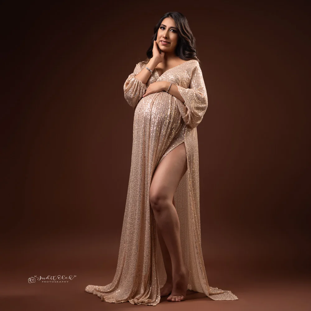 Photoshoot Photography Dress For Women V-neck Champagne Sequin Dress Maternity Photography Props Pregnant Women Party Dress