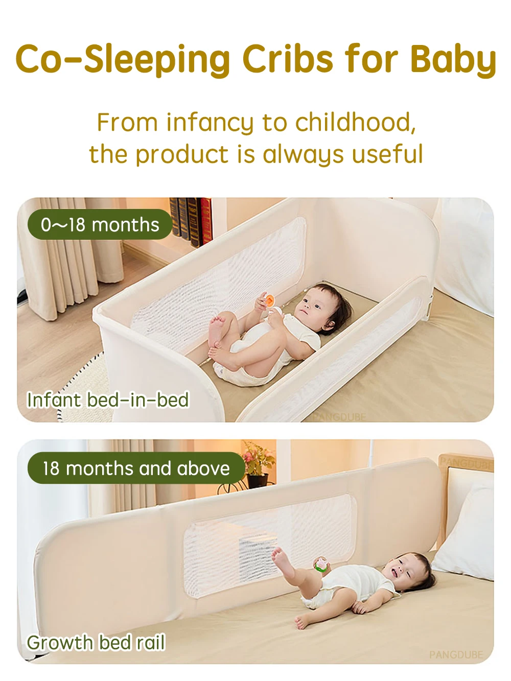 PANGDUBE Baby Bed Guardrail 2-in-1 Safety Bed Barrier Portable Bedside Sleeper with Storage Bag Adjustable Baby Nest